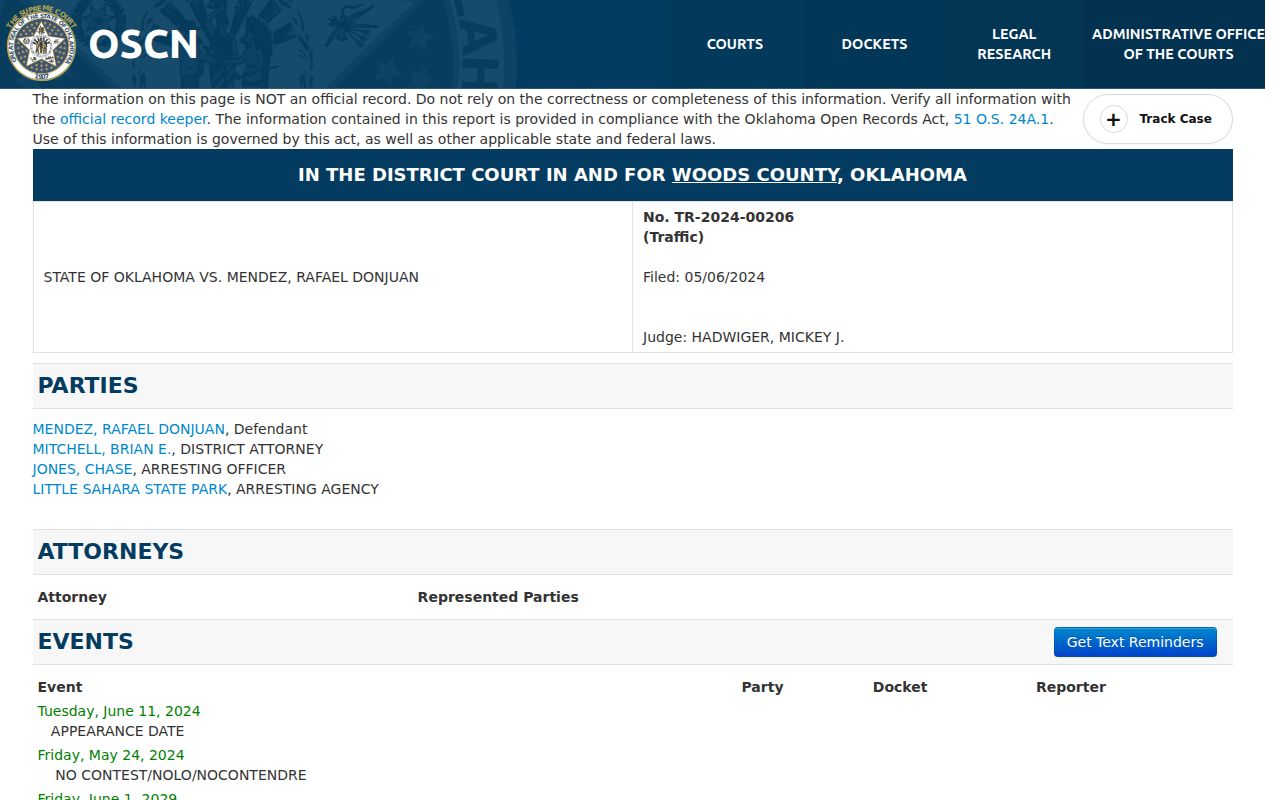 Woods County warrant check OSCN docket field layout